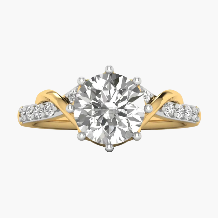 A yellow gold diamond ring with a large round-cut center stone and smaller diamonds set along curved split shanks, shown on a clean white background.