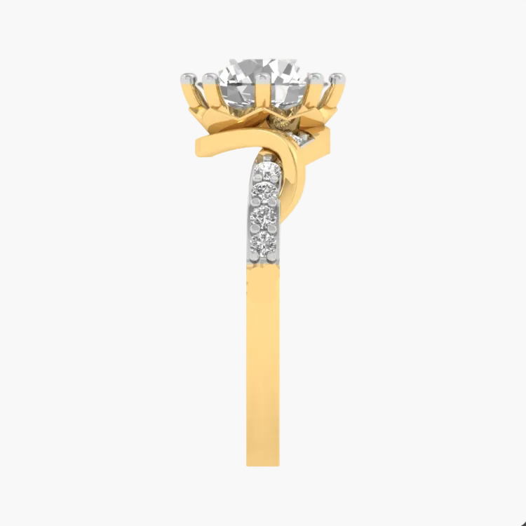 A yellow gold ring with a diamond crown-like setting and a diamond-accented shank, shown on a plain white background with a faint GREEN LAB watermark.
