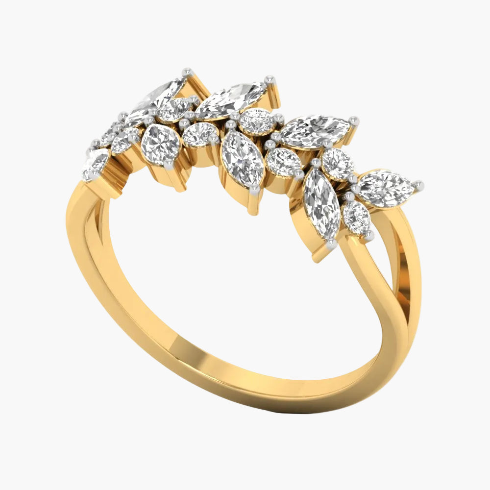 Gold ring with diamond-shaped gemstones on a white background
