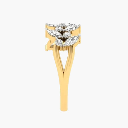 Gold ring with diamond-like stones on a white background