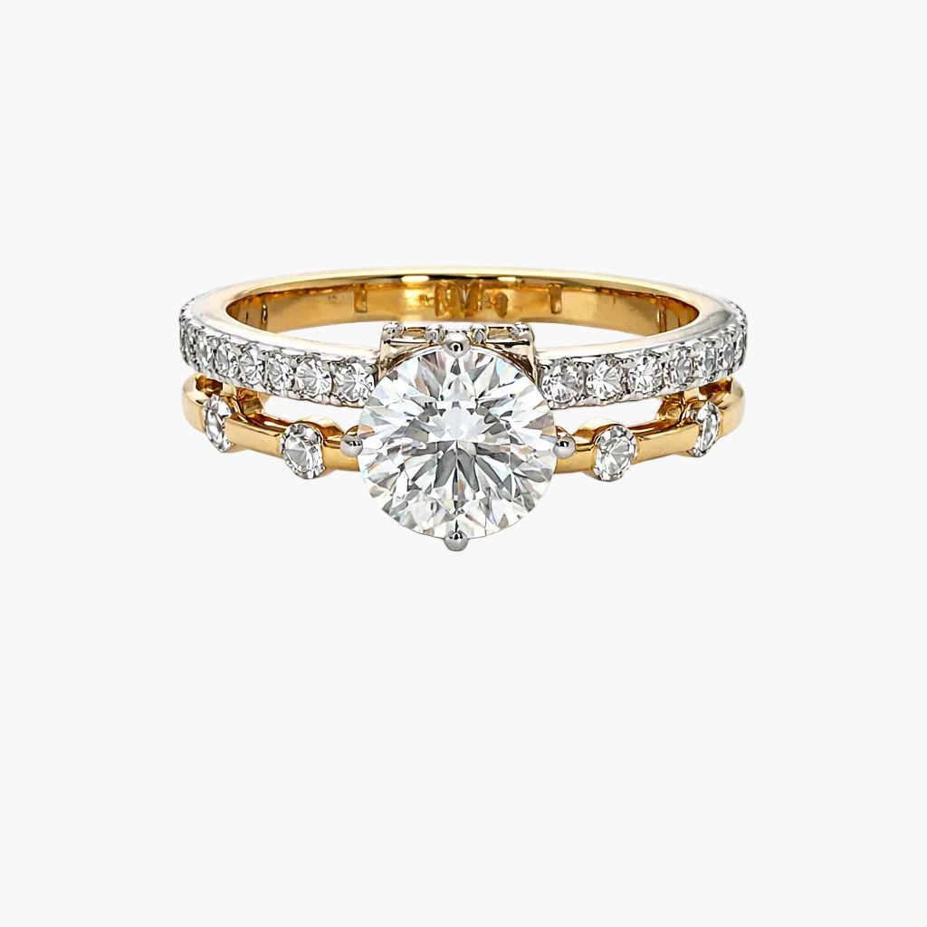 Gold and diamond ring on a white background