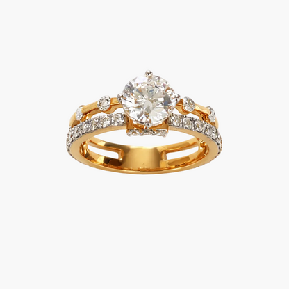 Gold ring with a large diamond and smaller diamonds on a white background