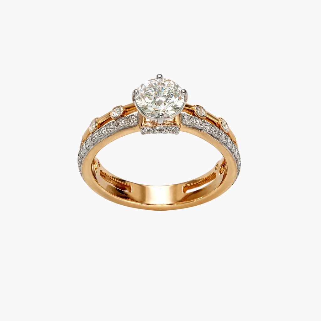 Rose gold ring with a large diamond and smaller diamonds on a white background