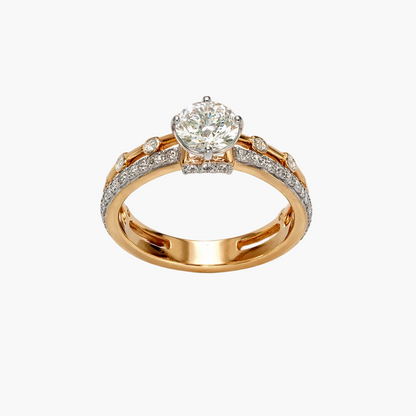 Rose gold ring with a large diamond and smaller diamonds on a white background