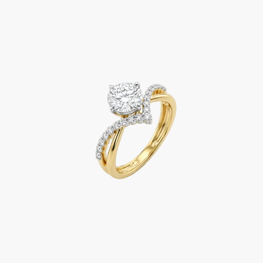 Gold ring with diamond accents on a white background