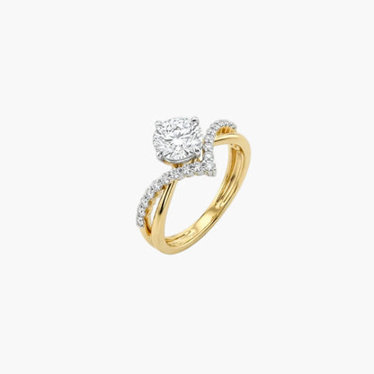 Gold ring with diamond accents on a white background