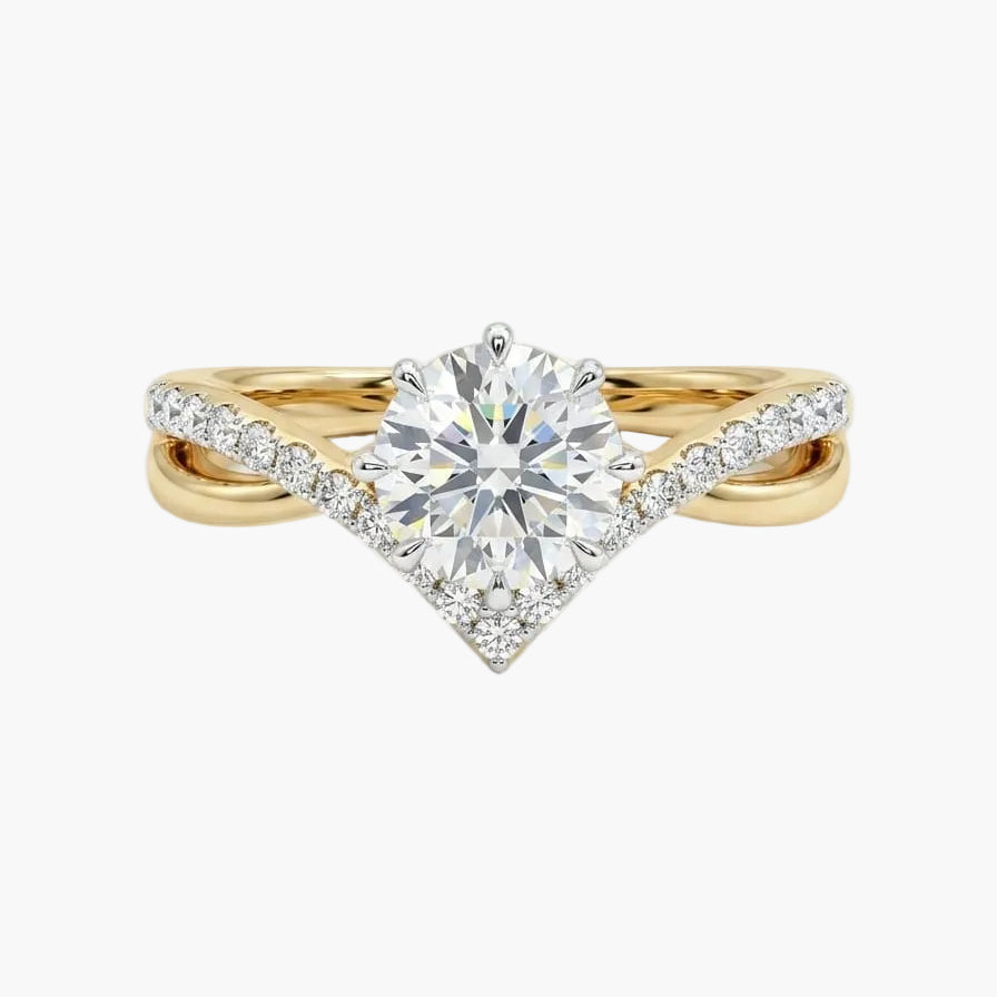 Gold ring with a large diamond on a white background
