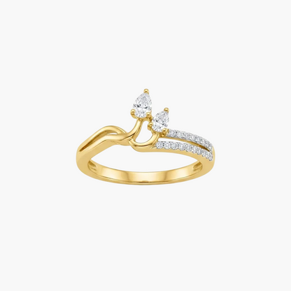 A yellow gold ring featuring two pear-cut clear gemstones at the top and a pavé-set row of small clear stones along one branch, shown on a clean white background.