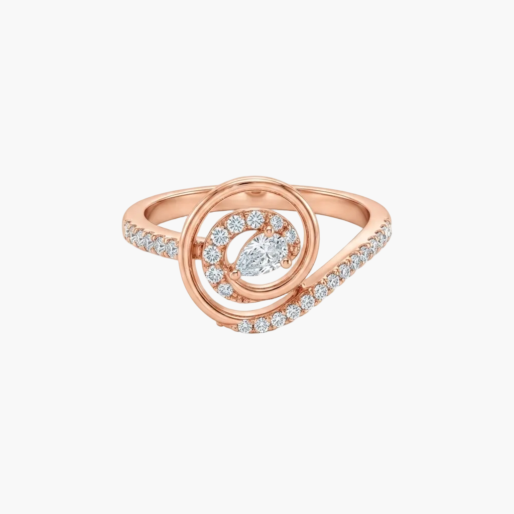 A rose gold ring with a central marquise-cut diamond surrounded by a circular halo of small diamonds, set on a curved band with additional pavé diamonds, shown on a clean white background.