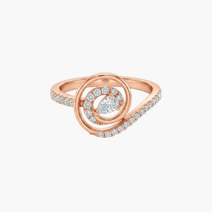 A rose gold ring with a central marquise-cut diamond surrounded by a circular halo of small diamonds, set on a curved band with additional pavé diamonds, shown on a clean white background.