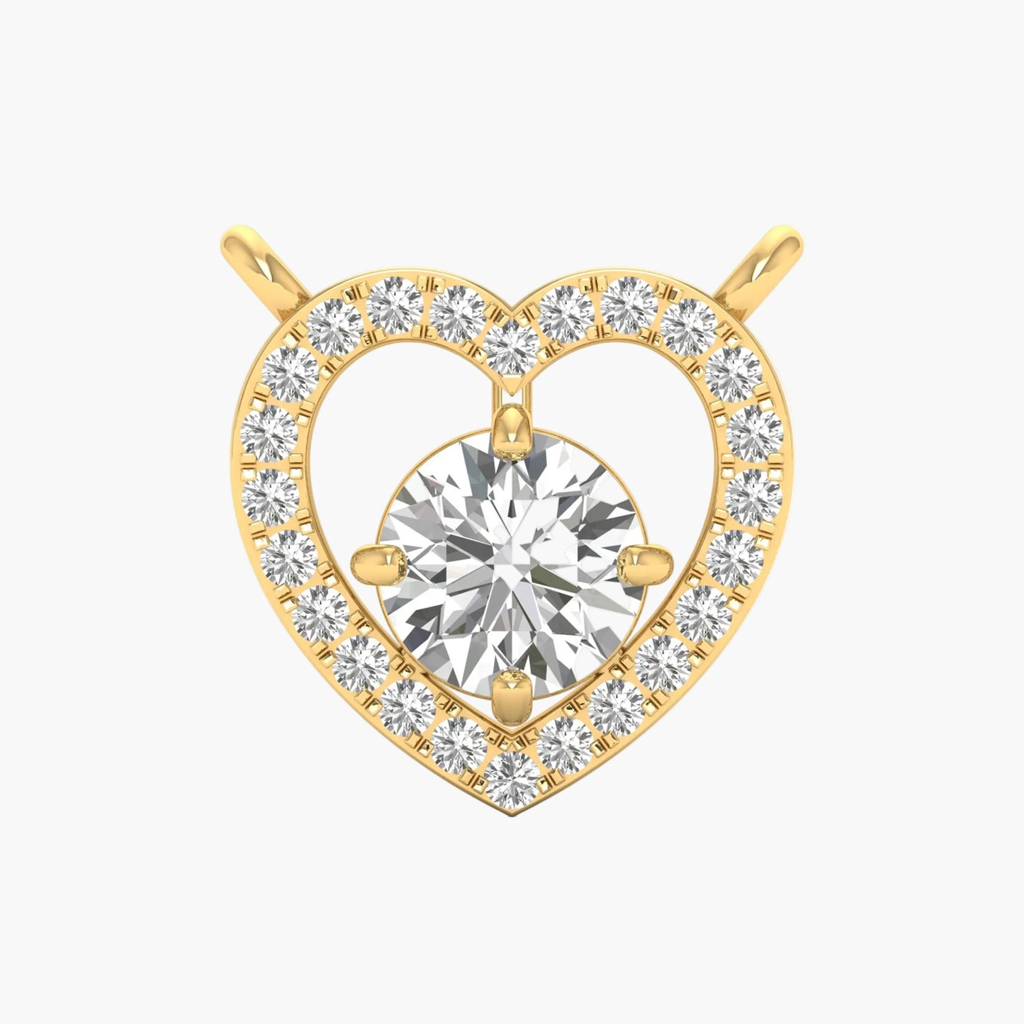Gold heart-shaped pendant with clear gemstones on a white background