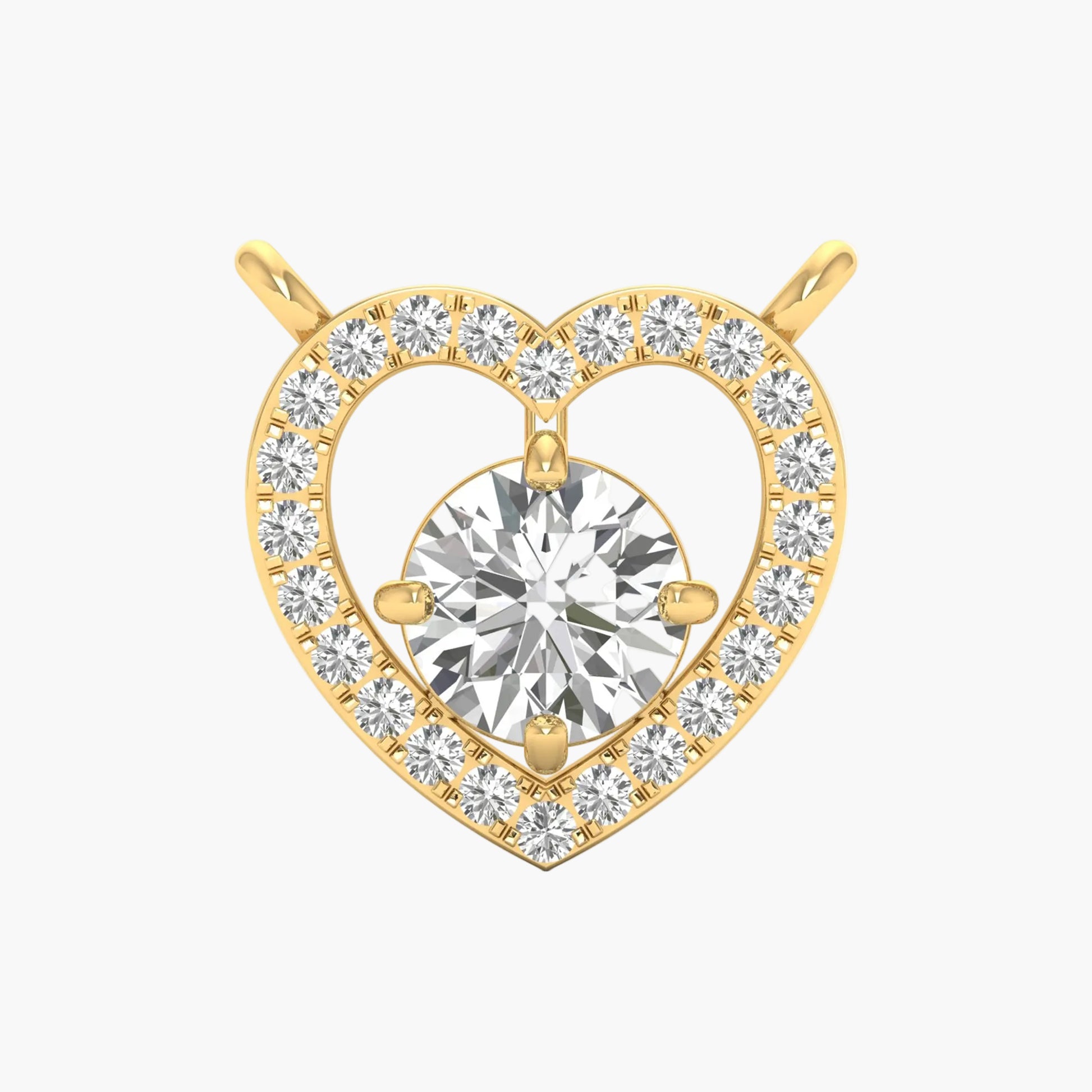 Gold heart-shaped pendant with clear gemstones on a white background