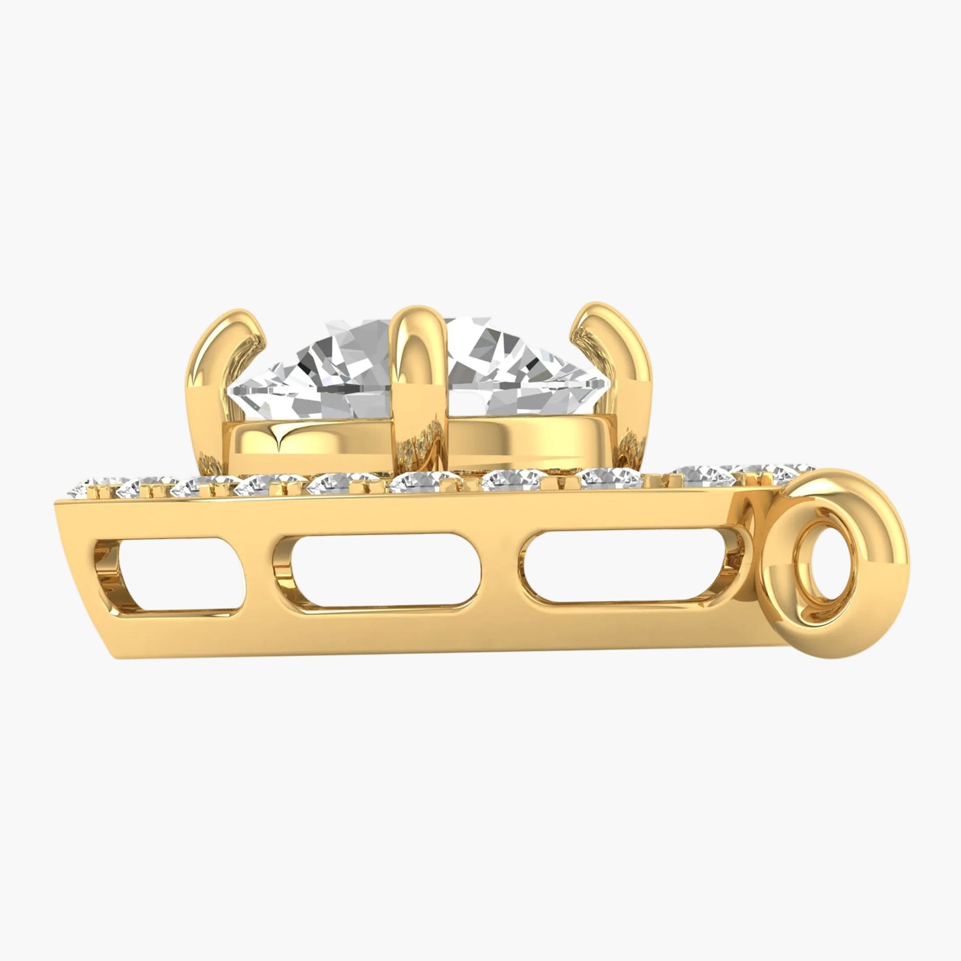 Gold earring with a central gemstone and smaller stones on a white background