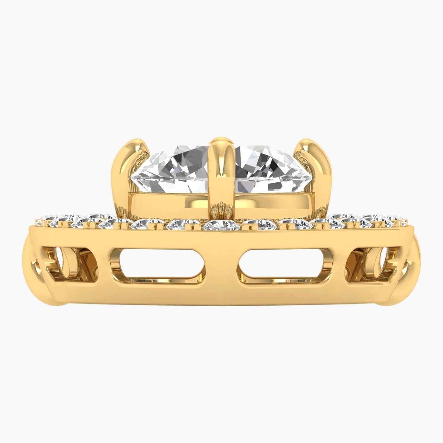 Gold ring with a large central diamond and smaller diamonds on the band against a white background