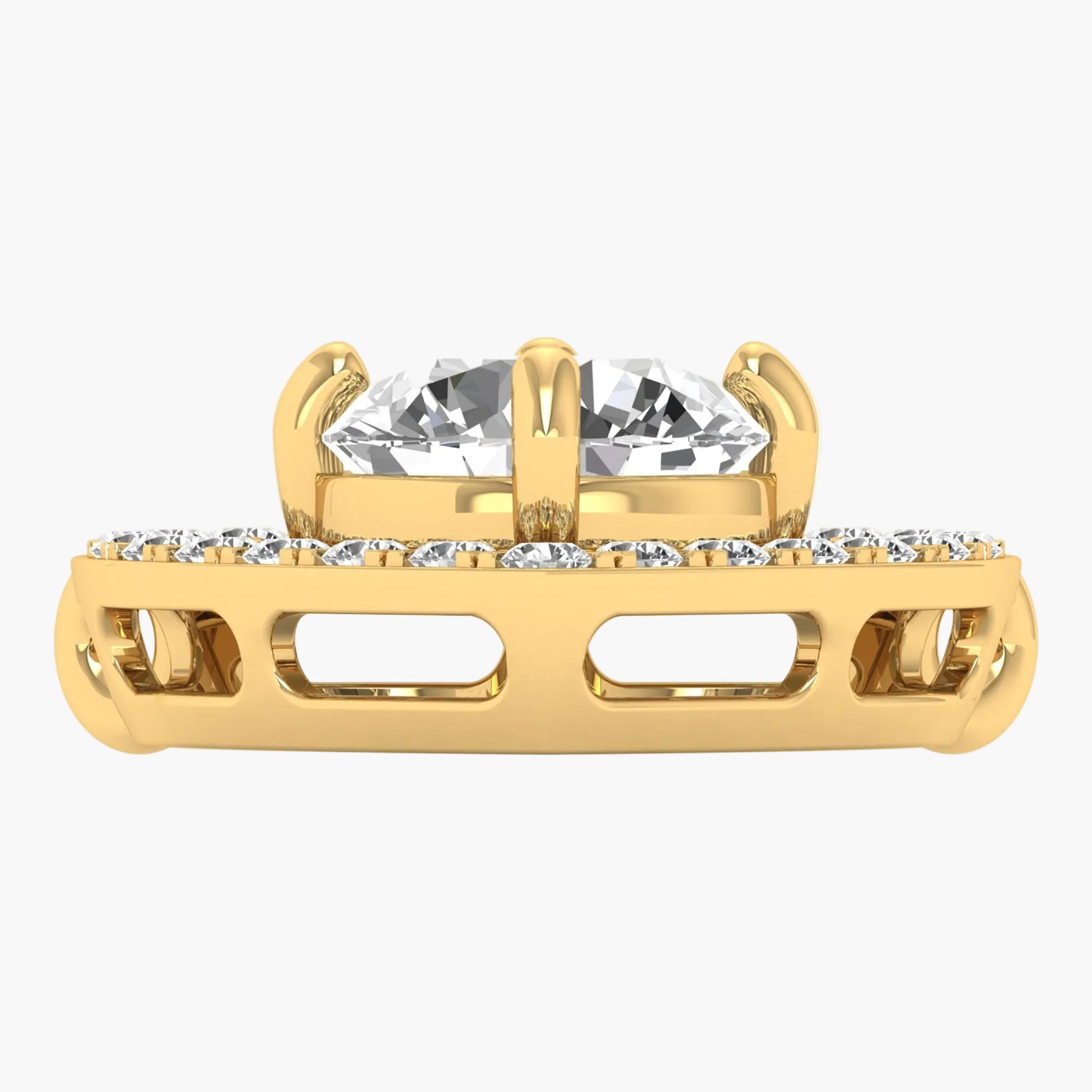 Gold ring with a large central diamond and smaller diamonds on the band against a white background