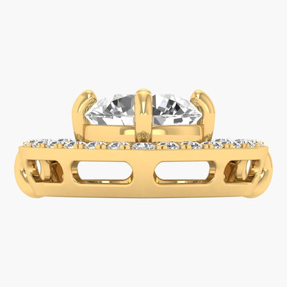 Gold ring with a large central diamond and smaller diamonds on the band against a white background