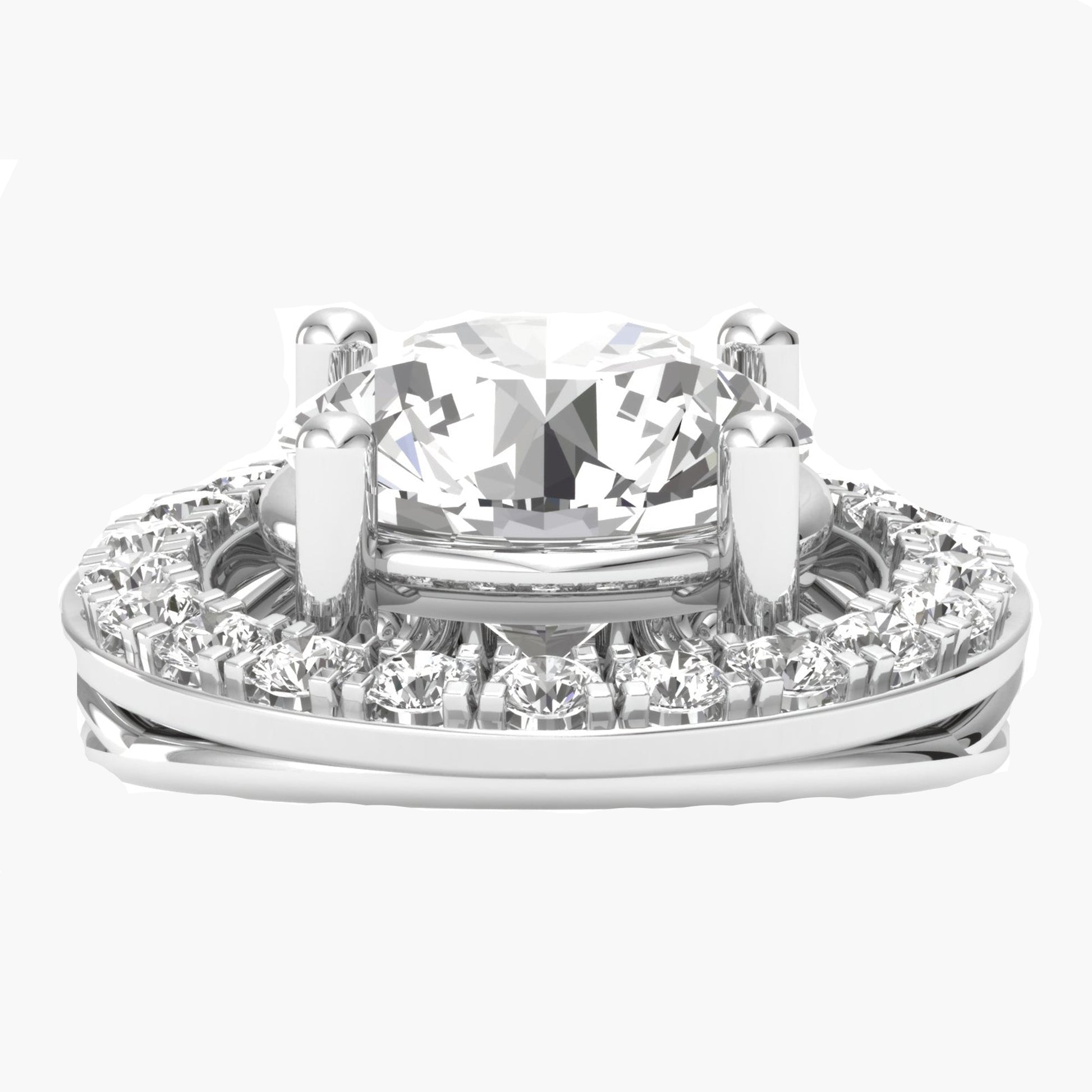 Diamond ring with a large central gemstone and smaller diamonds around on a white background