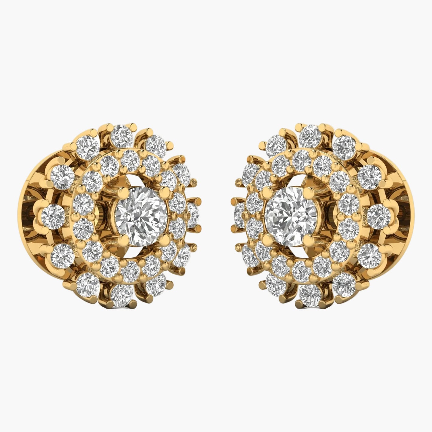 Gold earrings with diamond accents on a white background