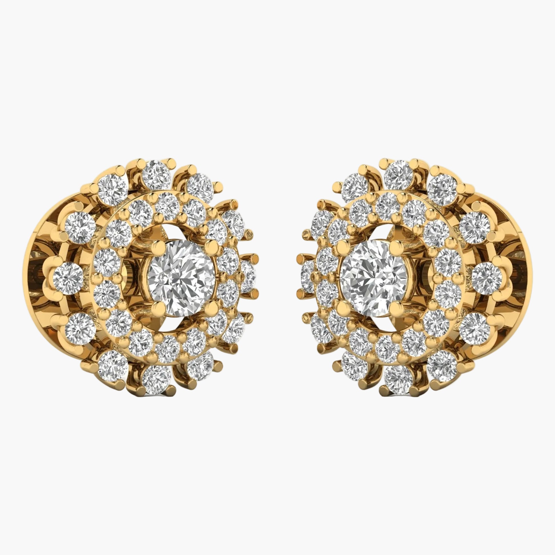 Gold earrings with diamond accents on a white background