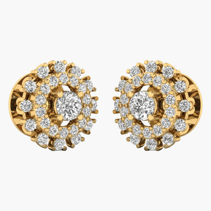 Gold earrings with diamond accents on a white background