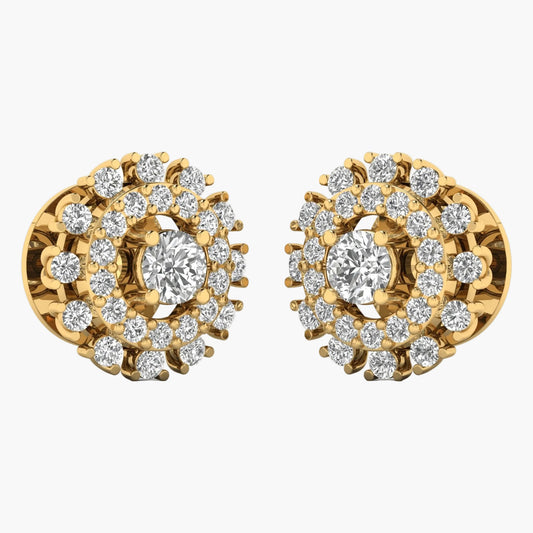 Gold earrings with diamond accents on a white background