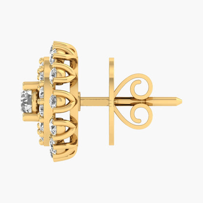 Gold earrings with diamond accents on a white background