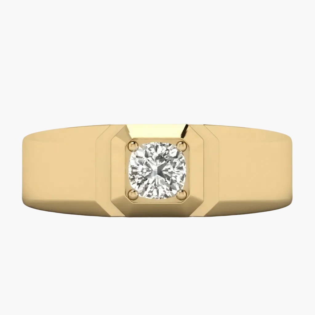 A yellow gold ring with a square bezel setting holding a round brilliant-cut diamond, shown against a plain white background.