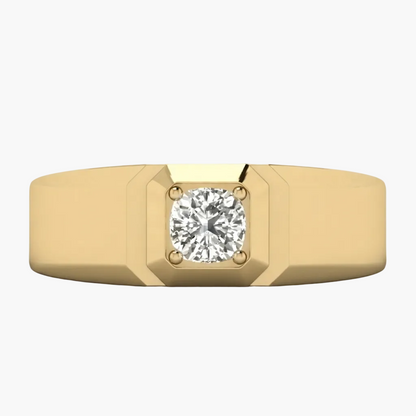 A yellow gold ring with a square bezel setting holding a round brilliant-cut diamond, shown against a plain white background.