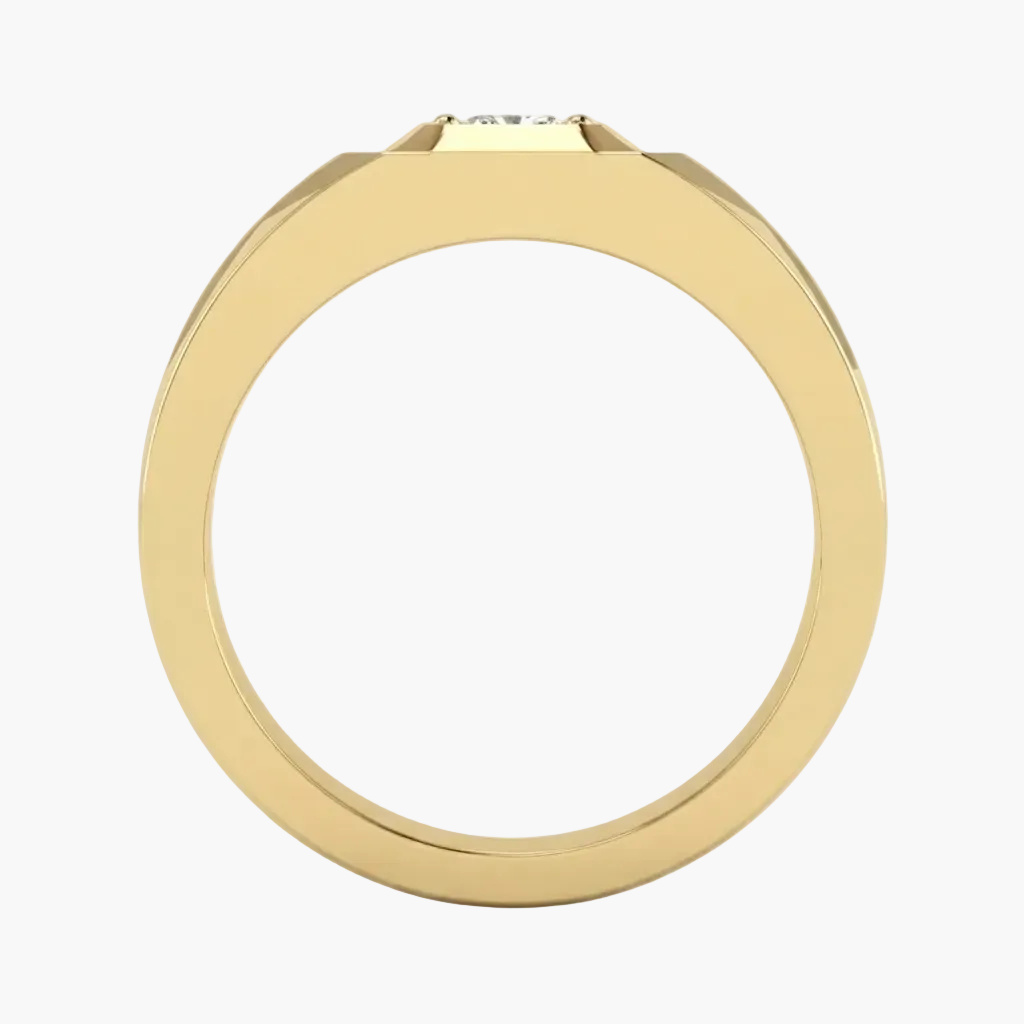 A yellow gold ring shown from a top-down view, featuring a flat, wide band and a small square-shaped diamond set on the crown, against a plain white background.