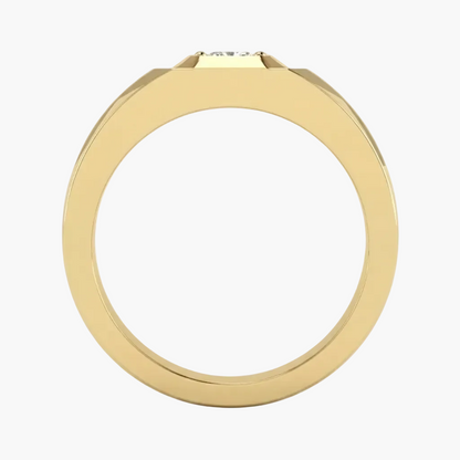 A yellow gold ring shown from a top-down view, featuring a flat, wide band and a small square-shaped diamond set on the crown, against a plain white background.