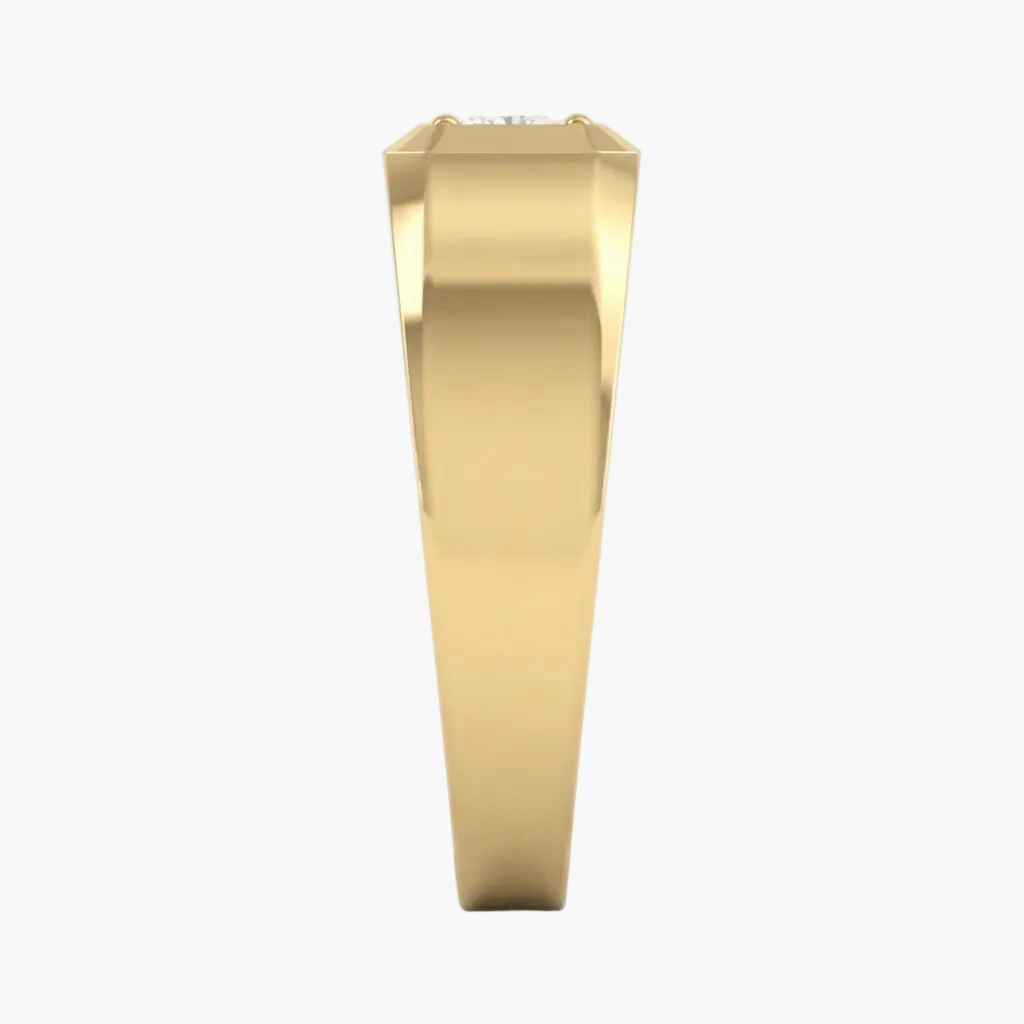 A gold ring shown from the side profile on a clean white background.