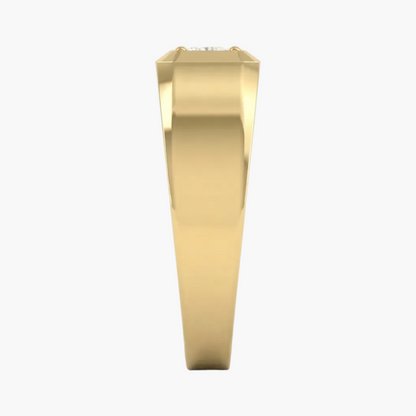 A gold ring shown from the side profile on a clean white background.
