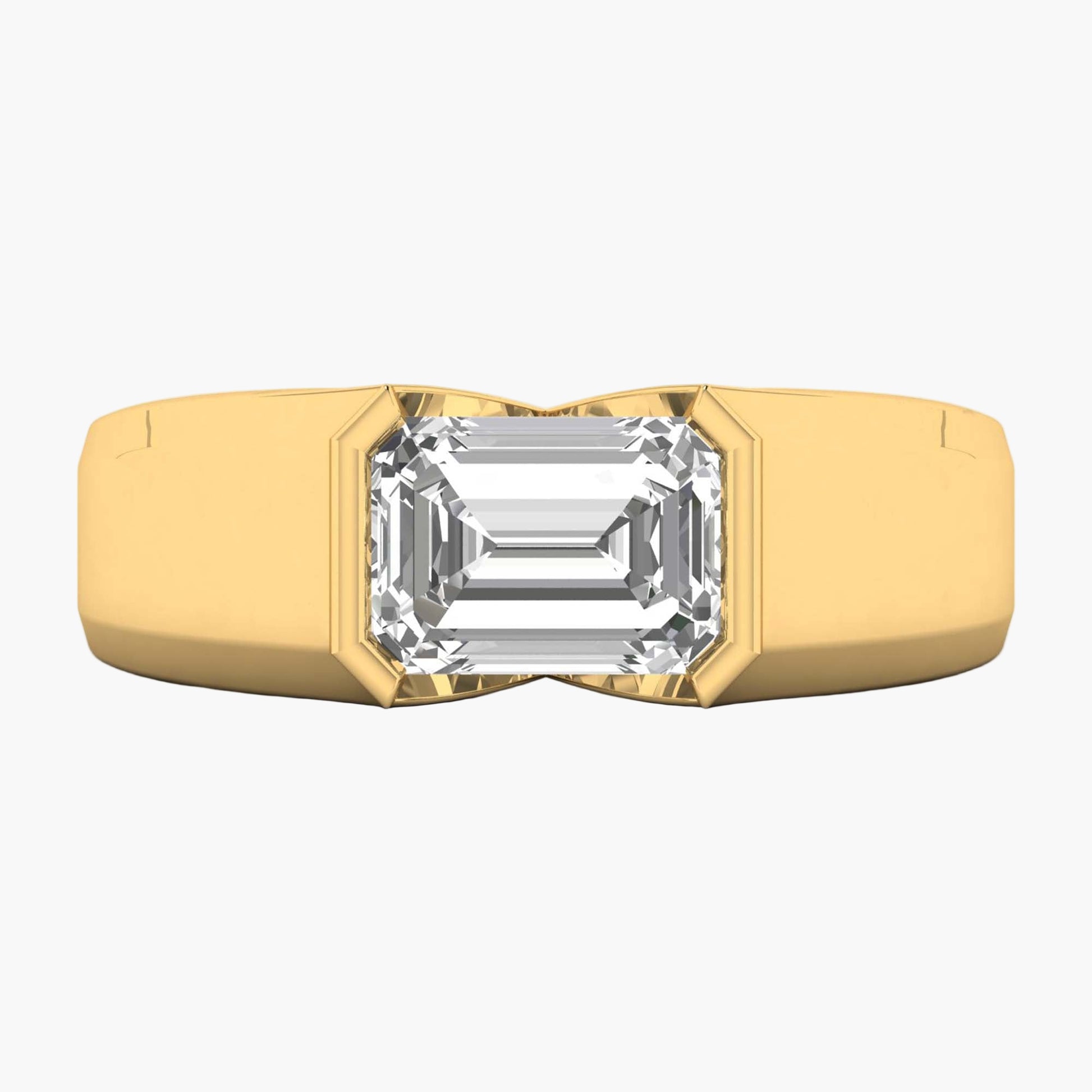 Gold ring with a large diamond on a white background
