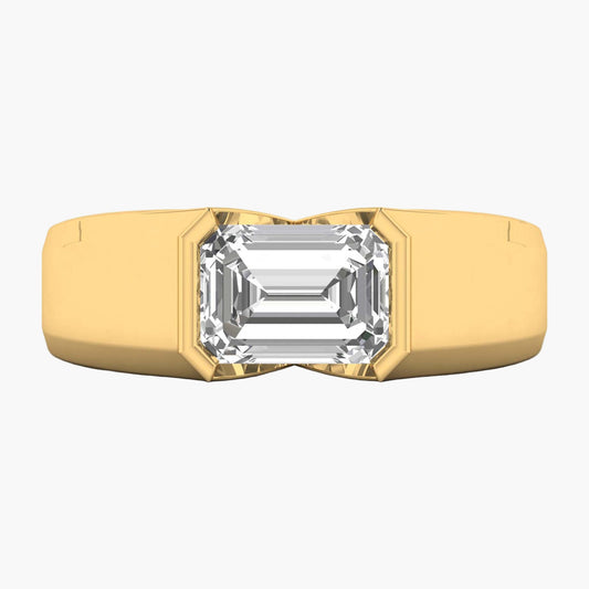 Gold ring with a large diamond on a white background