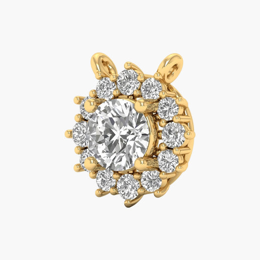 Gold pendant with a large central diamond and smaller diamonds around on a white background