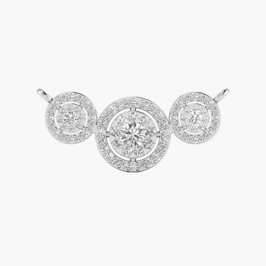 Diamond earrings displayed on a white background with a magnifying glass icon.