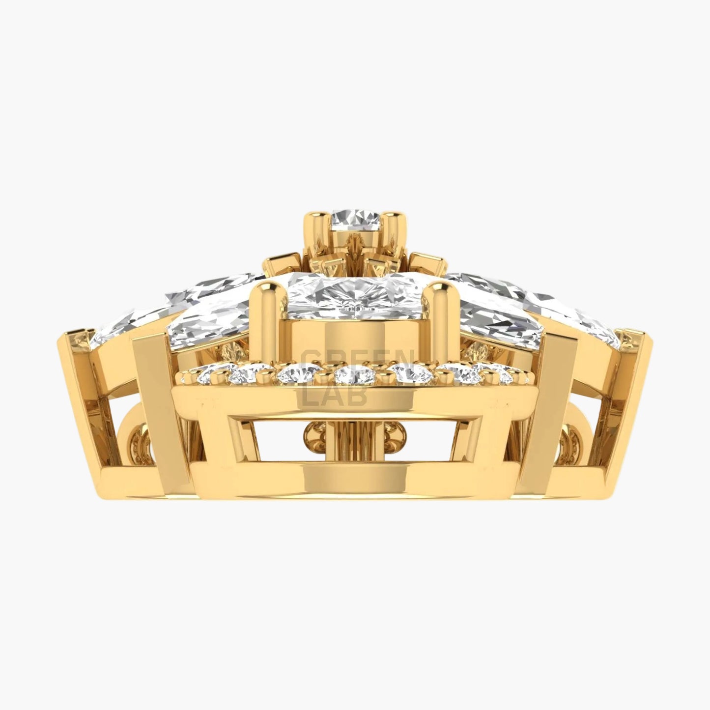 Gold pendant with multiple diamonds on a white background