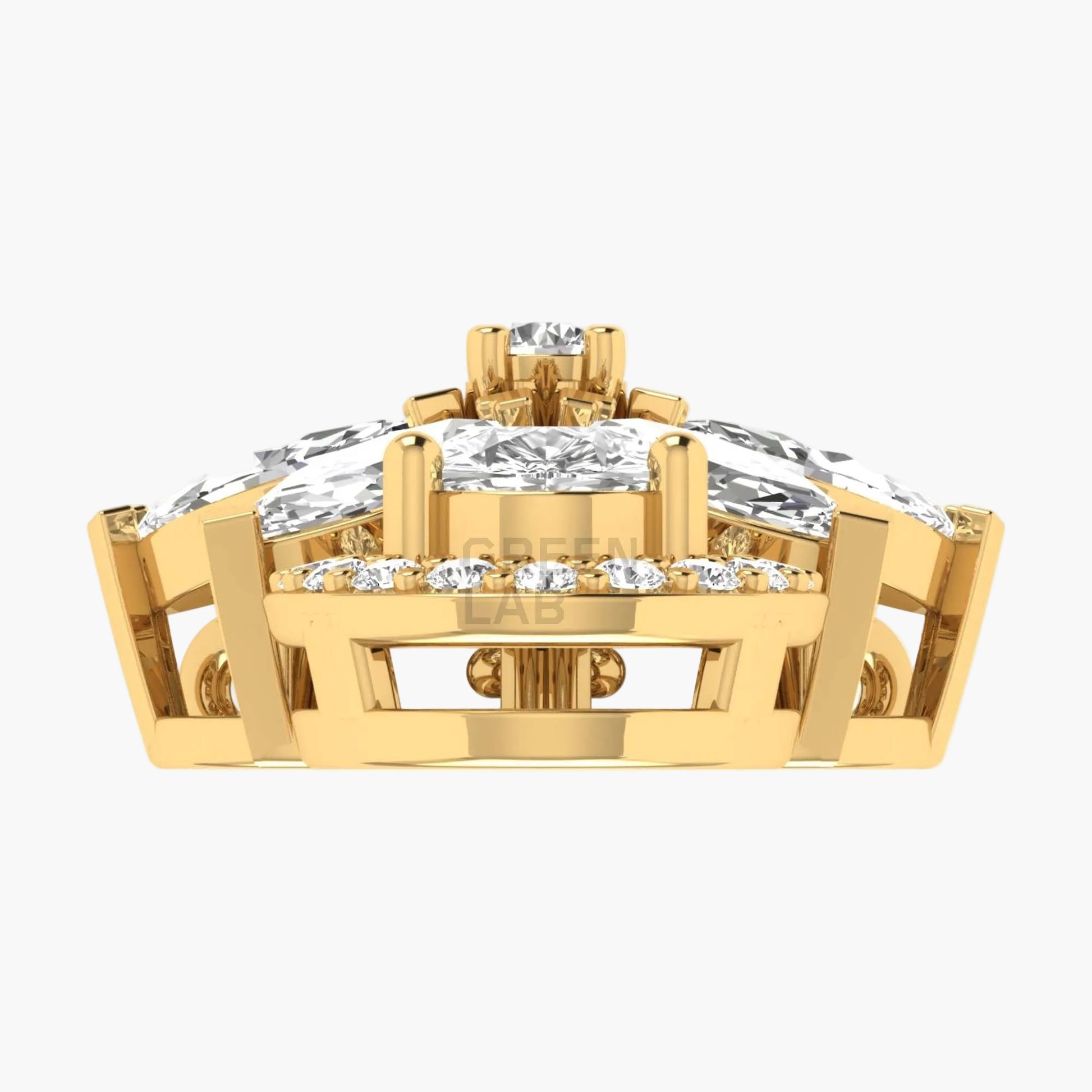 Gold pendant with multiple diamonds on a white background