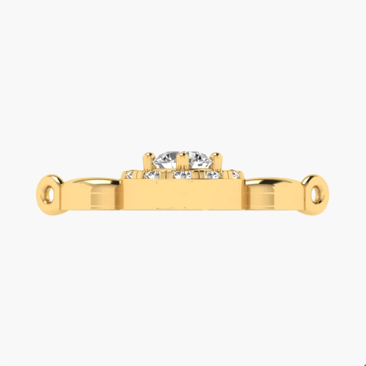 A yellow gold ring setting or band shown from the back, featuring a central clear gemstone and smaller side stones, with the brand name GREEN LAB engraved on the side, set against a plain white background.