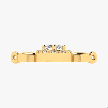 A yellow gold ring setting or band shown from the back, featuring a central clear gemstone and smaller side stones, with the brand name GREEN LAB engraved on the side, set against a plain white background.