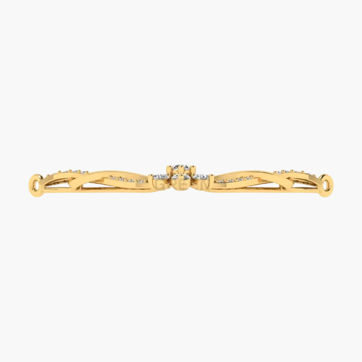A gold-toned bangle bracelet with a central cluster of small clear stones and diamond-like accents along the arms, shown on a plain white background.