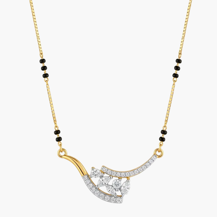 A gold chain necklace with a curved pendant featuring clear stones and small black bead accents on the chain, shown on a plain white background.