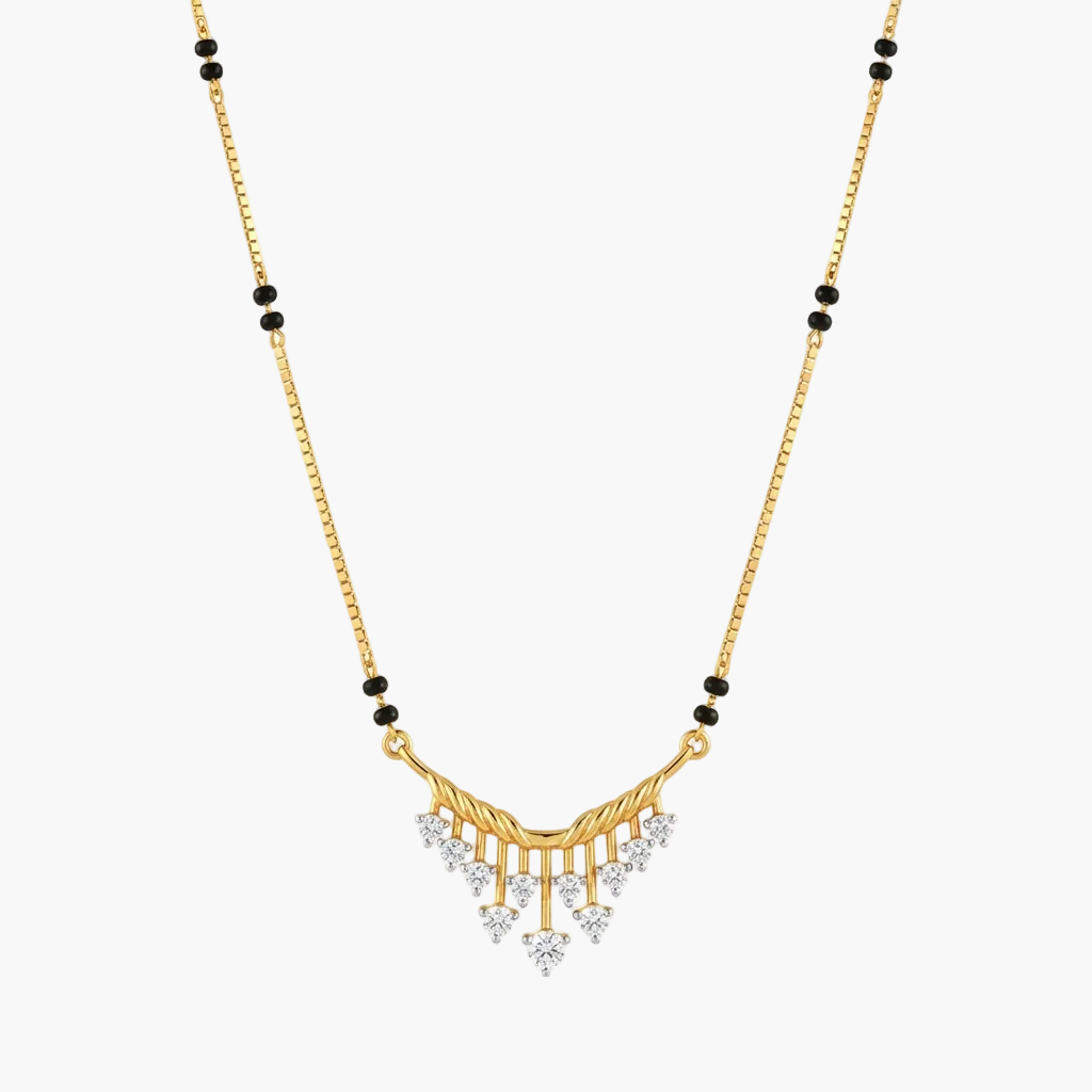 A gold chain necklace with a V-shaped pendant featuring twisted gold bars, small black beads along the chain, and clear triangular gemstones hanging from the center, shown on a plain white background.