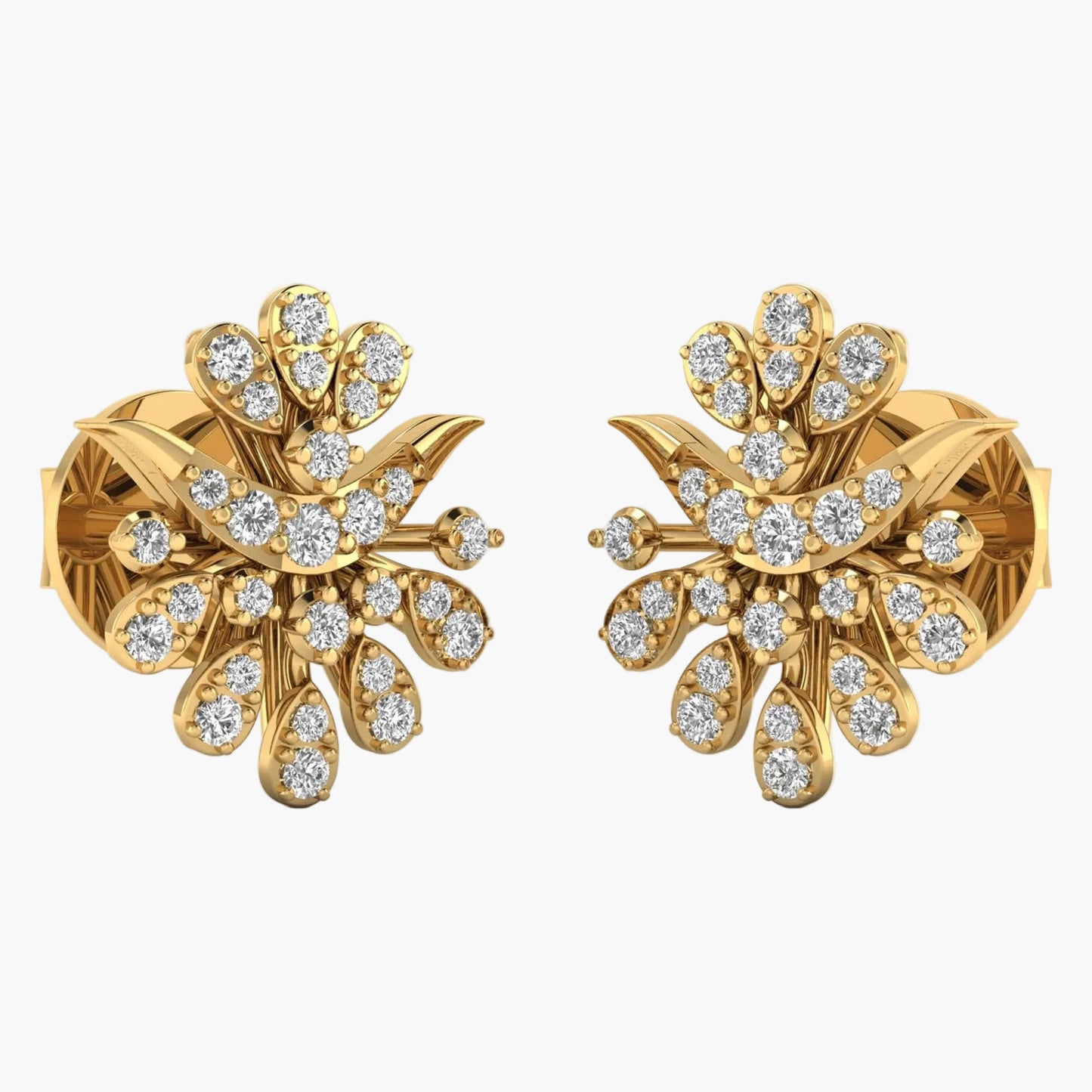 Gold earrings with diamond accents on a white background