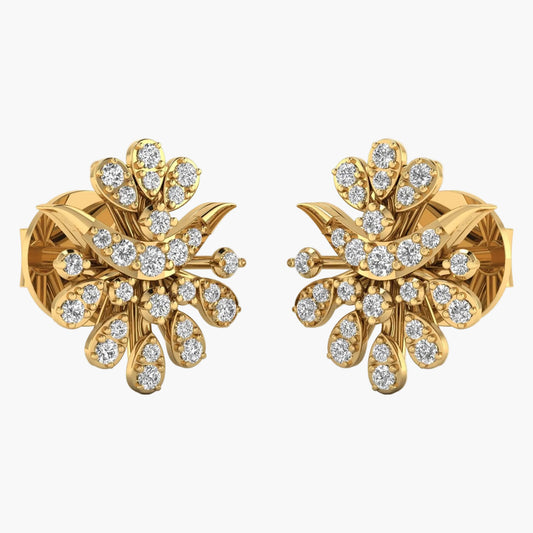 Gold earrings with diamond accents on a white background