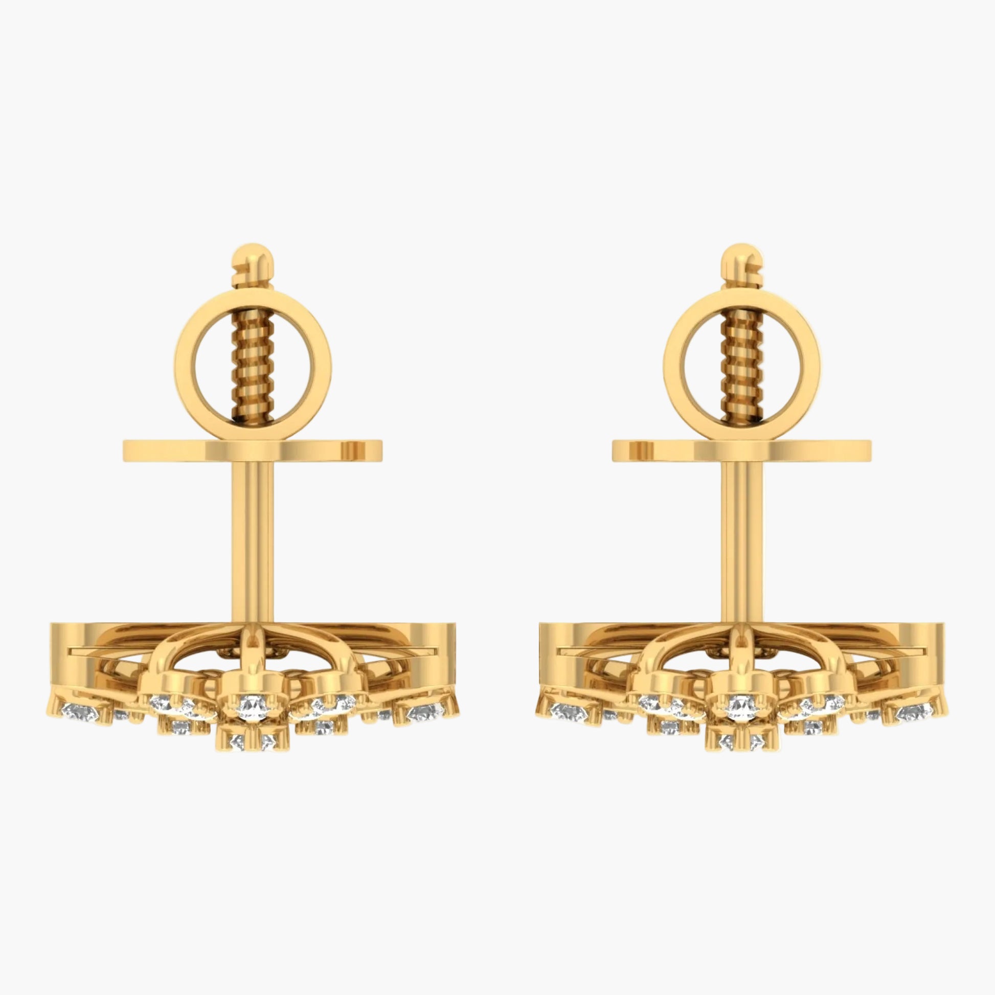 Gold earrings with intricate designs on a white background, branded 'Green Lab'.