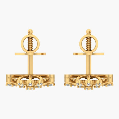 Gold earrings with intricate designs on a white background, branded 'Green Lab'.