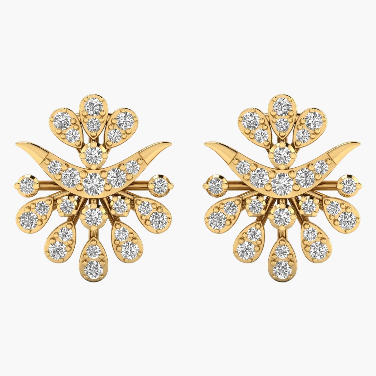 Gold earrings with diamond accents on a white background