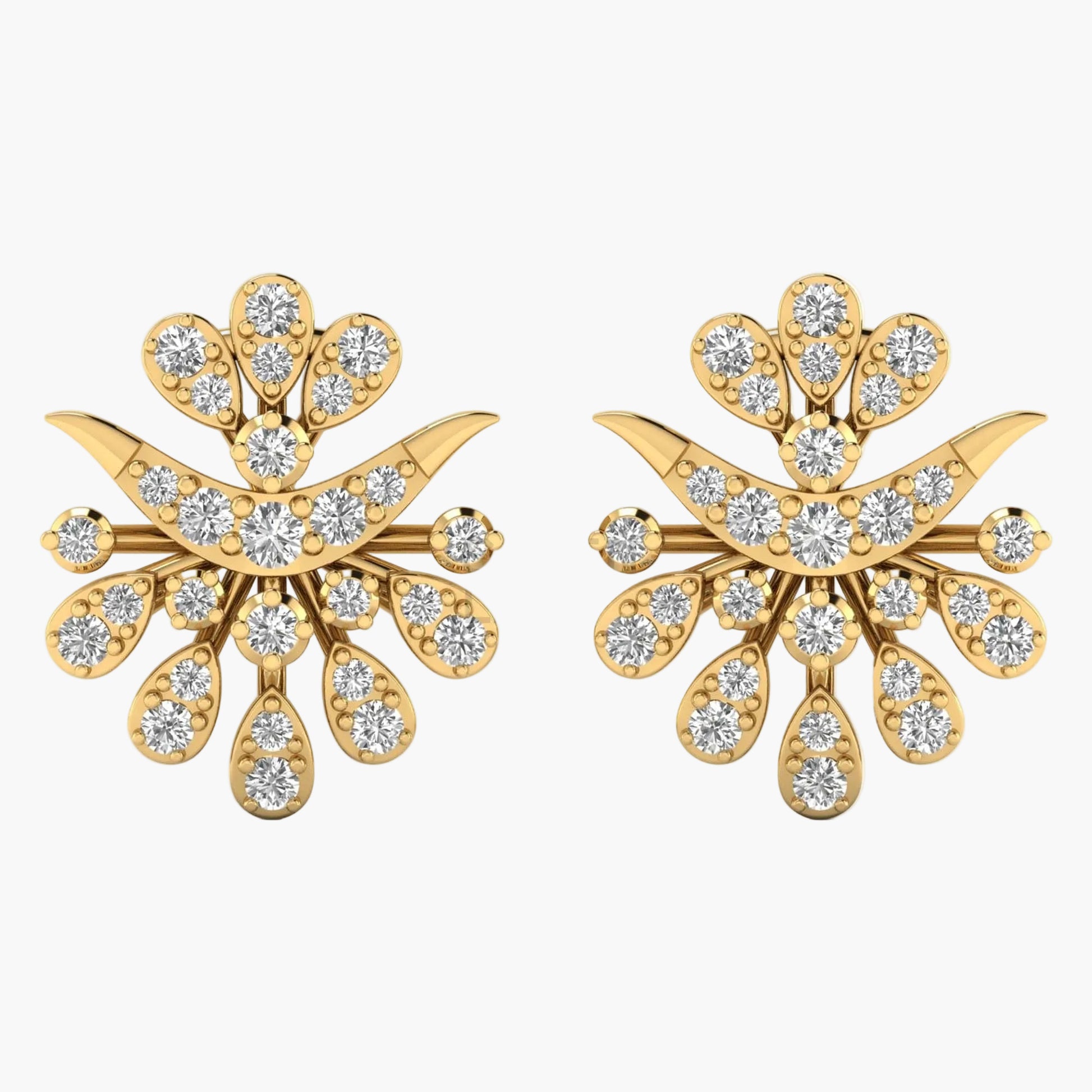 Gold earrings with diamond accents on a white background