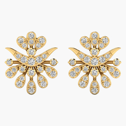 Gold earrings with diamond accents on a white background